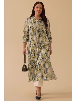 Galaxi Kadın Büyük Beden Çiçek Desenli Uzun Tunik 4013 Yeşil