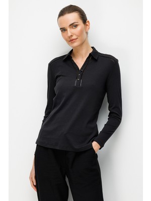 Desen Triko Kadın Polo Yaka Iğne Işlemeli Pamuklu Penye Bluz 26806 Siyah