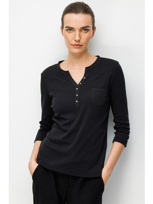 Desen Triko Kadın Açma Yaka Kol Ucu Metal Düğmeli Pamuklu Penye Bluz 26805 Siyah
