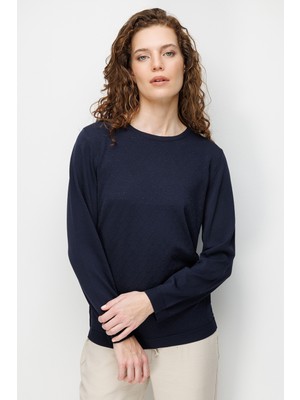 Desen Triko Kadın Sıfır Yaka Desenli Uzun Kollu Ince Triko Bluz 26351 Koyu Lacivert