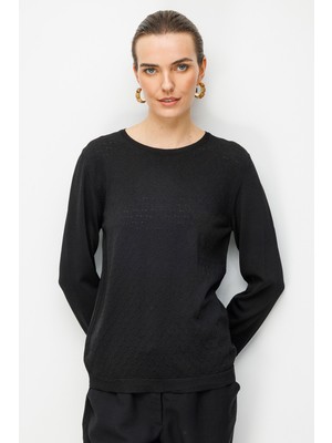 Desen Triko Kadın Sıfır Yaka Desenli Uzun Kollu Ince Triko Bluz 26351 Siyah