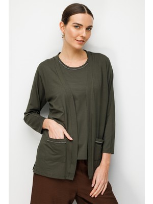 Desen Triko Kadın V Yaka Yakası ve Cep Üstü Zincirli Penye Hırka 26709 Haki