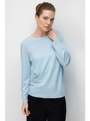 Desen Triko Kadın Sıfır Yaka Desenli Uzun Kollu Ince Triko Bluz 26351 B.mavi