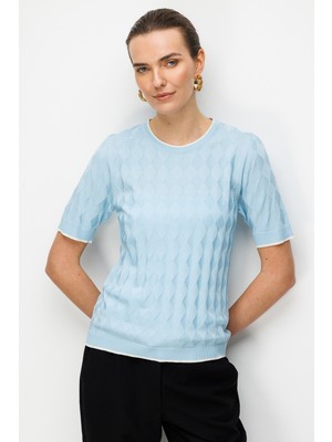 Desen Triko Kadın Sıfır Yaka Baklava Desenli Ince Triko Bluz 26358 B.mavi