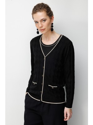 Desen Triko Kadın V Yaka Küçük Baklava Desenli Ince Triko Hırka 26360 Siyah