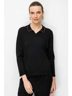 Desen Triko Kadın Polo Yaka Nakışlı Ince Triko Bluz 26361 Siyah