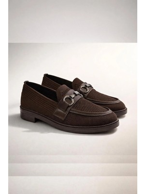 Preshley Kadın Marie Kahverengi Triko Metal Tokalı Kadın Loafer Günlük Makosen Ayakkabı