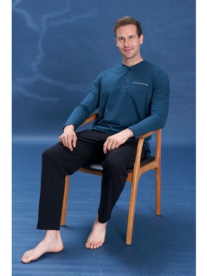 Remsa Erkek Penye Yarım Düğme Detay Uzun Kol Pijama Takımı 2135 PETROL05