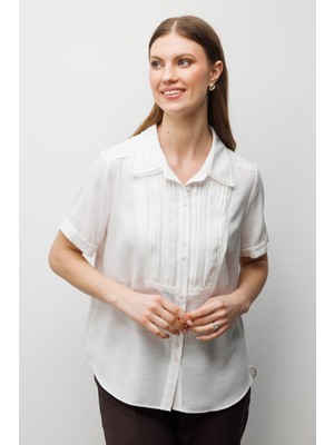 Ekol Kadın Büyük Beden Kumaşı Desenli Kısa Kollu Gömlek 2542 Kum