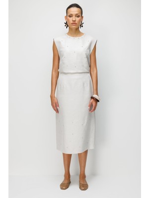 Ekol Kadın Taş Işlemeli Yırtmaçlı Midi Etek 2424 Naturel