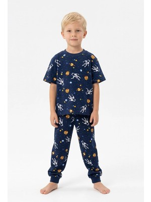 Bunny Hopp Erkek Çocuk %100 Pamuk Uzay ve Astronot Desenli Pijama Takımı - Kısa Kollu Manşetli Lacivert