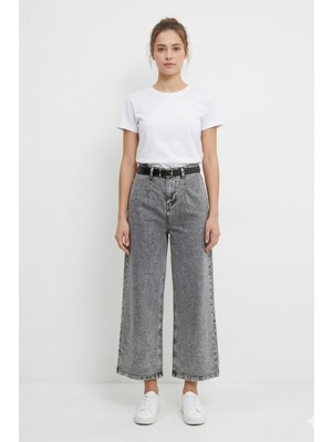 Twister Bp 9471-01 Grey Yüksek Bel Likralı Kısa Paça Bol Kadın Baggy Kot Pantolon Gri