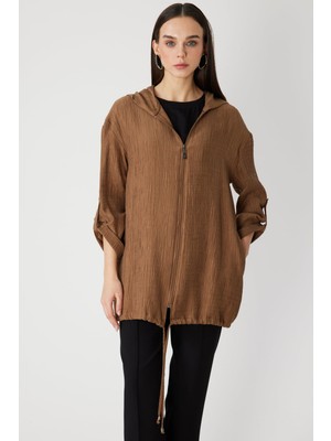 On Kadın Kendinden Desenli Kapüşonlu Hırka 72701 Vizon