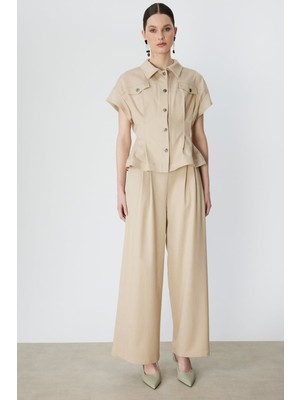 On Kadın Beli Lastikli Bol Paça Kumaş Pantolon 70701 Bej