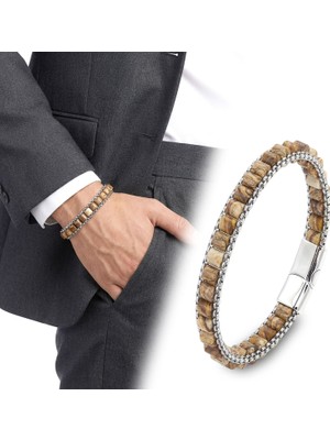 Fm 💎 Premium Odun Jasper Doğal Taşlı Hasır Örgü Zincirli Erkek Çelik Bileklik 31832B28D13 - 20 cm