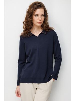 Desen Triko Kadın Polo Yaka Nakışlı Ince Triko Bluz 26361 Lacivert