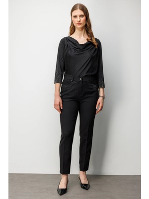 Ekol Kadın Büyük Beden Cebi Taş Işlemeli Dar Paça Pantolon 4026 Siyah