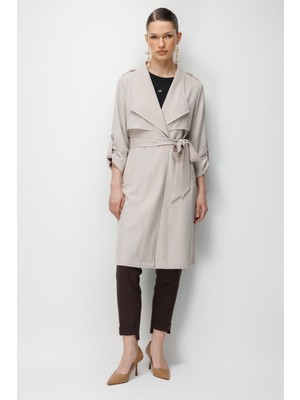 Ekol Kadın Omzu Apoletli Kuşaklı Trenç 7022 Kum