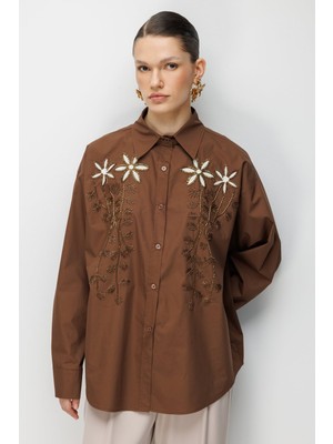 Ekol Kadın Boncuklu Çiçek Işlemeli Pamuk Gömlek 2810 Kakao