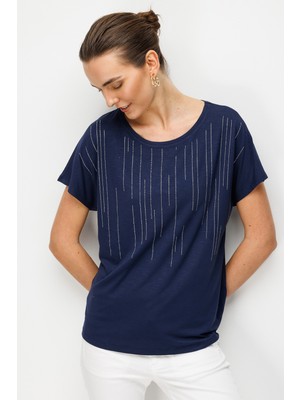Desen Triko Kadın Sıfır Yaka Su Yolu Taşlı Düşük Kollu Penye T-Shirt 26833 Lacivert