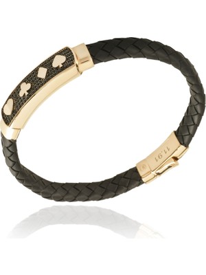 Berk Mücevherat 14 Ayar Altın Taşlı Iskambil Figürlü Erkek Deri Bileklik