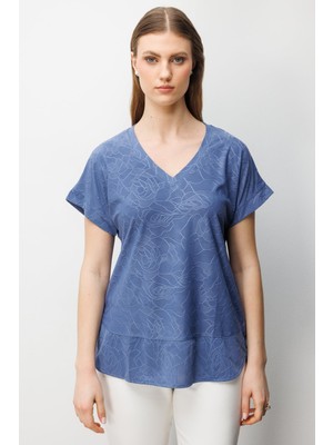On Kadın Büyük Beden V Yaka Desenli Bluz 71343 Indigo