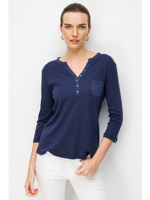 Desen Triko Kadın Açma Yaka Kol Ucu Metal Düğmeli Pamuklu Penye Bluz 26805 Lacivert