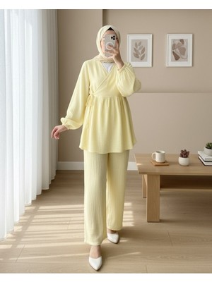 Modamorfo Kolu Lastikli Ip Bağcıklı Müslin Takım -Açık Sarı