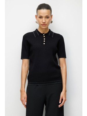 On Kadın Yakası Düğmeli Kumaşı Desenli Bluz 10304 Siyah