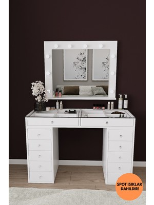 Özbience Spot Işıklı 120 cm Makyaj Masası, Çekmeceli ve Aynalı, Beyaz Yatak Odası Ürünü