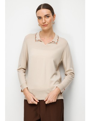 Desen Triko Kadın Polo Yaka Nakışlı Ince Triko Bluz 26361 Bej
