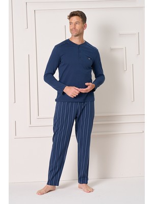 Remsa Büyük Beden Erkek Penye Yarım Düğme Detay Uzun Kol Pijama Takımı 2145 LACIVERT11