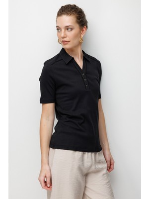 Desen Triko Kadın Polo Yaka Iğne Işlemeli Pamuklu Penye T-Shirt 26802 Siyah