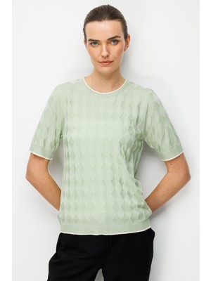 Desen Triko Kadın Sıfır Yaka Baklava Desenli Ince Triko Bluz 26358 S.yeşili