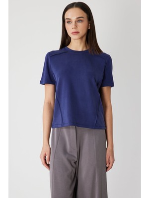 On Kadın Dikiş Detaylı Sıfır Yaka T-Shirt 71458 Indigo