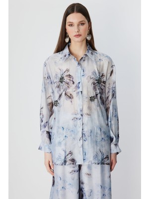 Ekol Kadın Taş Işlemeli Desenli Gömlek 2906 Blue