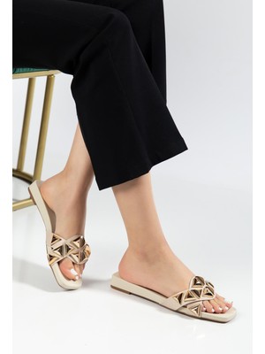 Suins Shoes Kadın Taşlı Marina Model Terlik 36 Numara Bej Renk Trend Tasarım
