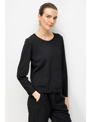 Desen Triko Kadın Sıfır Yaka Verev Çizgili Yanı Düğmeli Uzun Kollu Ince Triko Bluz 26372 Siyah