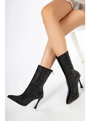 Preshley Kadın Londen Siyah Süet Gümüş Taş Işlemeli 9 cm Ince Topuklu Arkadan Fermuarlı Kısa Çizme-Bot