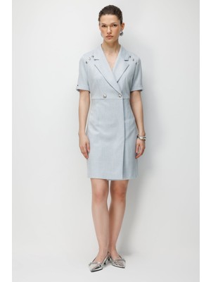 Ekol Kadın Kruvaze Yaka Süs Düğmeli Midi Elbise 6016 Blue