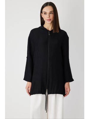 On Kadın Kendinden Desenli Kapüşonlu Hırka 72701 Siyah