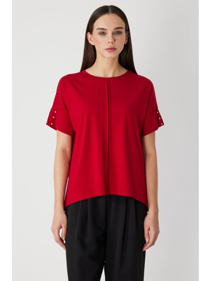 On Kadın Kolları Aksesuarlı Dikiş Detaylı Bluz 71332 Kırmızı