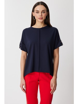 On Kadın Kolları Aksesuarlı Dikiş Detaylı Bluz 71332 Lacivert