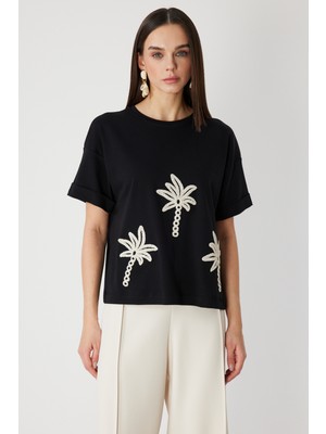 On Kadın Desenli Sıfır Yaka T-Shirt 71362 Siyah