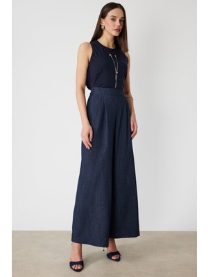 On Kadın Beli Lastikli Bol Paça Kumaş Pantolon 70701 Indigo
