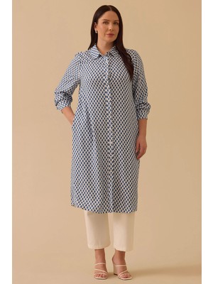 Galaxi Kadın Büyük Beden Desenli Cepli Tunik 4012 Mavi