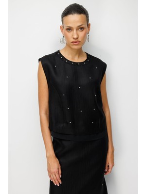 Ekol Kadın Yakası Işlemeli Taş Detaylı Bluz 2422 Siyah