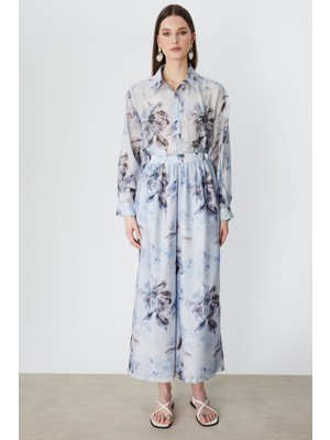 Ekol Kadın Çiçek Desenli Bol Paça Pantolon 2908 Blue