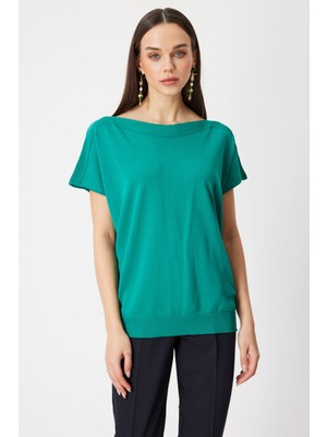 On Kadın Kayık Yaka Kısa Kollu Bluz 76370 Yeşil
