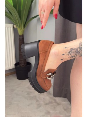 Preshley Kadın Guzi Taba Süet Siyah Taban 8 cm Topuklu Platformlu Ayakkabı